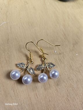 Handmade Goldtone Cherry Earrings With Sparkly Leaves